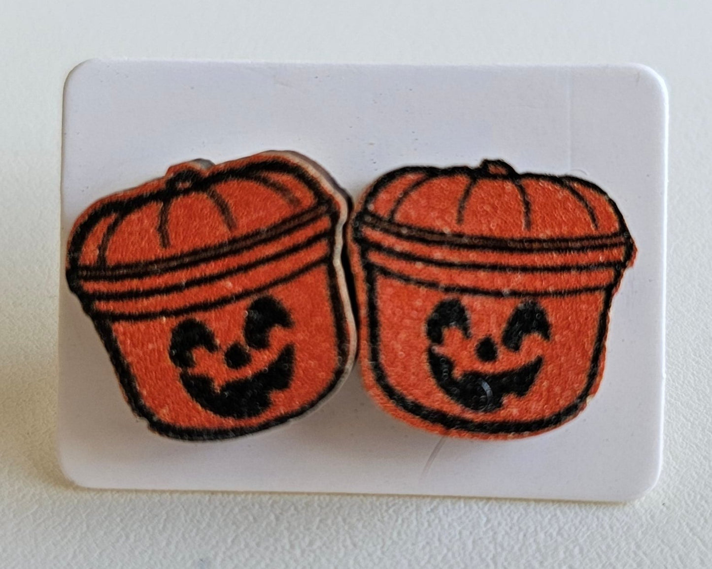 Orange Boo Basket Wooden Earrings