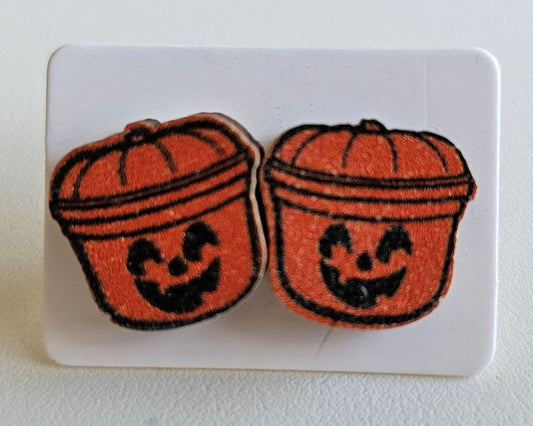 Orange Boo Basket Wooden Earrings